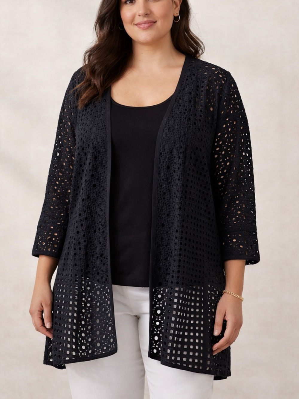Catherines Black Eyelet Open-Front Cardigan